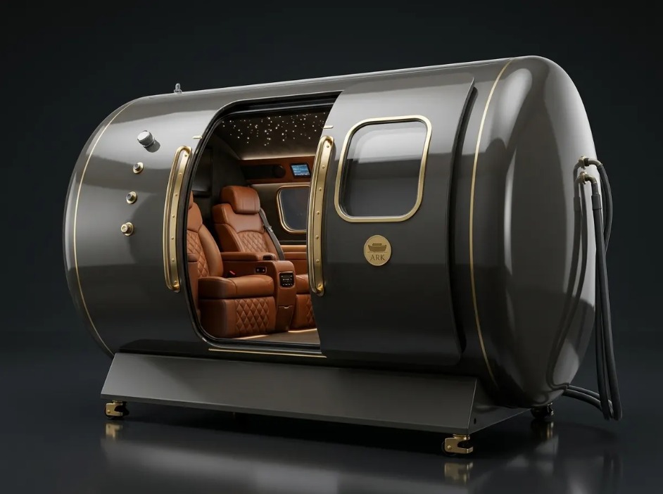 The ARK Lounge interior: quilted cognac seats beneath a starlit Night Canopy